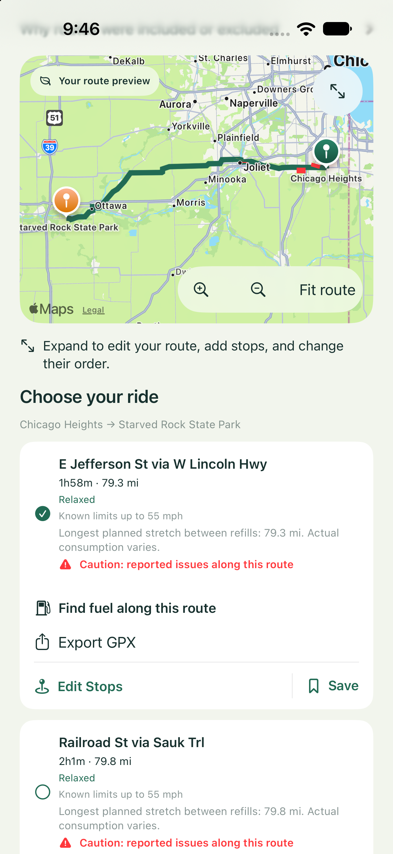 RideLine route preview from Chicago Heights to Starved Rock State Park, with route alternatives, reported speed limits, and fuel planning.