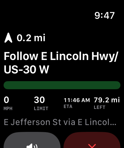 RideLine Apple Watch companion showing the next instruction, route progress, speed, reported limit, arrival time, and remaining distance.